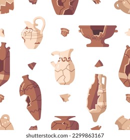 Seamless Pattern Featuring Broken Ancient Pots With Intricate Designs In Shades Of Earthy Tones. Tile Background Texture