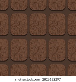Seamless pattern featuring brown cross-sections of wooden blocks that create a transverse texture. A vector illustration for designing backgrounds and interior textures in a natural style.