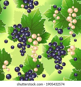 Seamless pattern featuring bunches of black and white currant berries and green leaves on a green background. Vector.