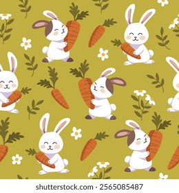 Seamless pattern featuring bunny and carrot for background, wrapping, wallpaper, textile