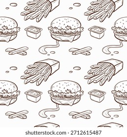 Ein nahtloses Muster mit Burgern, Pommes frites, Saucen im digitalen Outline-Stil mit subtiler Ätzung. Dieser sich wiederholende Vektorhintergrund eignet sich für Menüs, Verpackungen, Branding, Werbematerialien
