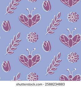 Seamless Pattern Featuring Butterflies, Flowers, and Leaves in a Soft Purple Palette. Decorative design showcasing elements of nature including butterflies, blossoms, and leaves in harmonious shades 