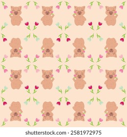 Seamless pattern featuring capybaras with flowers on a soft beige background. Perfect for fabric, wrapping paper, gift packaging, wallpapers, greeting cards