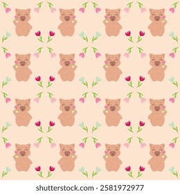 Seamless pattern featuring capybaras with flowers on a soft beige background. Perfect for fabric, wrapping paper, gift packaging, wallpapers, greeting cards