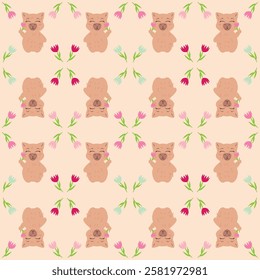 Seamless pattern featuring capybaras with flowers on a soft beige background. Perfect for fabric, wrapping paper, gift packaging, wallpapers, greeting cards