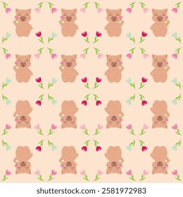 Seamless pattern featuring capybaras with flowers on a soft beige background. Perfect for fabric, wrapping paper, gift packaging, wallpapers, greeting cards