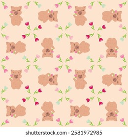 Seamless pattern featuring capybaras with flowers on a soft beige background. Perfect for fabric, wrapping paper, gift packaging, wallpapers, greeting cards