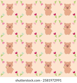 Seamless pattern featuring capybaras with flowers on a soft beige background. Perfect for fabric, wrapping paper, gift packaging, wallpapers, greeting cards