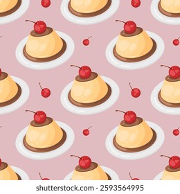 A seamless pattern featuring crème caramel puddings with cherries on white plates, scattered against a light pink background. Perfect for food themed backgrounds, textiles, and packaging.