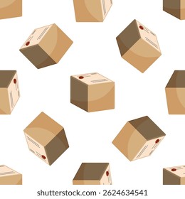 Seamless pattern featuring cardboard boxes with delivery labels and wax seals, ideal for projects related to shipping, logistics, and e commerce