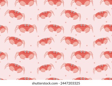 A seamless pattern featuring cartoon crabs with playful expressions on a soft pink backdrop, ideal for children's designs and summer themes.