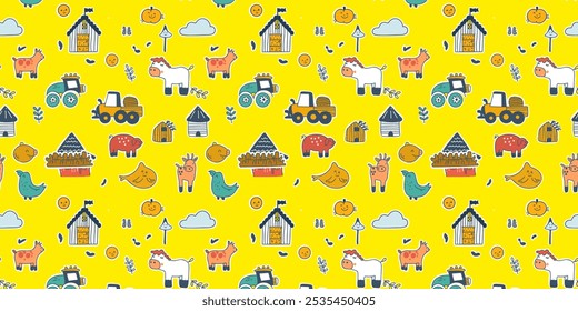 Seamless pattern featuring cartoon farm animals, houses, and tractors on a bright yellow background, in a playful children's style