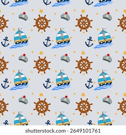 seamless pattern featuring cartoon sailboats on waves, brown ship's steering wheels with yellow stars, blue anchors, and grey captain's hats with red details