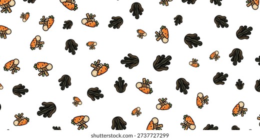 A seamless pattern featuring cartoonish carrots and dark green leafy vegetables scattered on a white background.