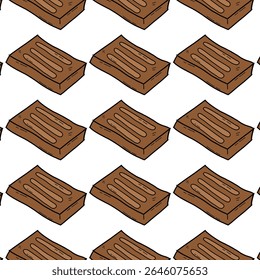 A seamless pattern featuring cartoon-style chocolate bars in brown color, arranged diagonally on a white background. Ideal for confectionery packaging, branding, or sweet-themed design projects.