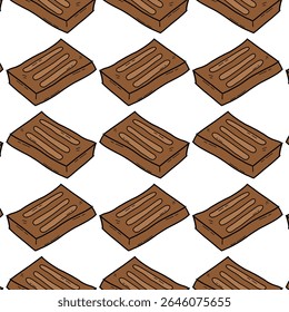 A seamless pattern featuring cartoon-style chocolate bars in brown color, arranged diagonally on a white background. Ideal for confectionery packaging, branding, or sweet-themed design projects.
