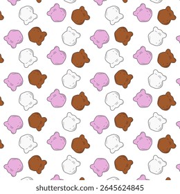 Seamless pattern featuring cartoon-style ice cream scoops in chocolate, strawberry, and vanilla flavors. Repeated hand-drawn elements with clean outlines and soft pastel colors.
