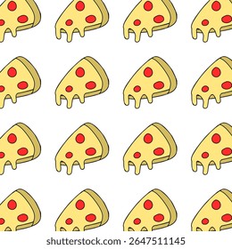A seamless pattern featuring cartoon-style pizza slices with melted cheese on a white background. The dripping cheese detail adds a playful and appetizing touch, ideal for food-themed designs.