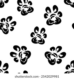 A seamless pattern featuring cat and dog paw prints on a clean white background