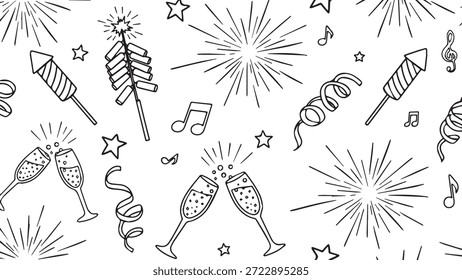 Um padrão perfeito com taças de champanhe, fogos de artifício e confetes, perfeito para ocasiões festivas.
