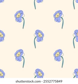 Ein nahtloses Muster mit charmanten blauen Blumen mit gelben Mittelpunkten und grünen Stängeln auf weichem cremefarbenem Hintergrund. Perfekt für frühlingshafte Designs, Textilien, Tapeten und Schreibwaren.