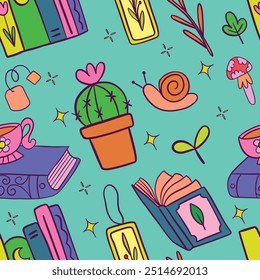 Seamless pattern featuring a charming mix of bookish and nature-themed elements. 