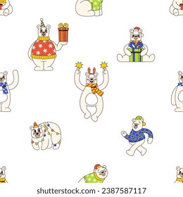 Seamless Pattern Featuring Charming Retro Christmas Polar Bear Characters Wearing Sweaters with Snowflakes and Hats