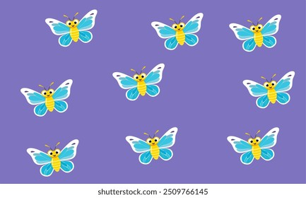 Seamless pattern featuring cheerful cartoon butterflies with yellow bodies and blue wings, set against a vibrant purple background. The repetitive design is playful and ideal for use in children.