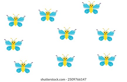 Seamless pattern featuring cheerful cartoon butterflies with yellow bodies and blue wings, set against a vibrant purple background. The repetitive design is playful and ideal for use in children.