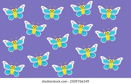 Seamless pattern featuring cheerful cartoon butterflies with yellow bodies and blue wings, set against a vibrant purple background. The repetitive design is playful and ideal for use in children.