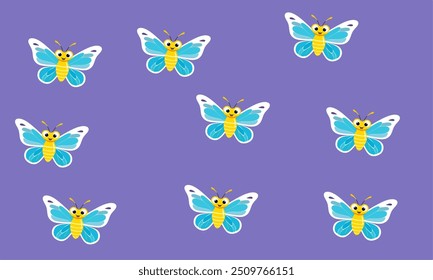 Seamless pattern featuring cheerful cartoon butterflies with yellow bodies and blue wings, set against a vibrant purple background. The repetitive design is playful and ideal for use in children.