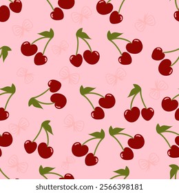 A seamless pattern featuring cherries with leaves in a colorful design showcasing nature and summer vibes. Heart and Love. Valentine's day concept. Wrapping paper, Fabric.