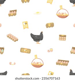 Seamless Pattern Featuring Chicken And Eggs In Trays And Baskets. Tile Repeated Design Perfect For Easter Celebrations