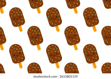 Seamless pattern featuring chocolate popsicles with colorful sprinkles on white background