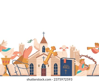 Seamless Pattern Featuring Christian Attributes. Crosses, Doves, Bibles, And Church Building, Wallpaper Or Border