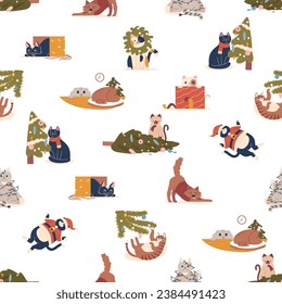 Seamless Pattern Featuring Christmas Cats, Wearing Santa Hats, And Playing With Ornaments, Vector Illustration