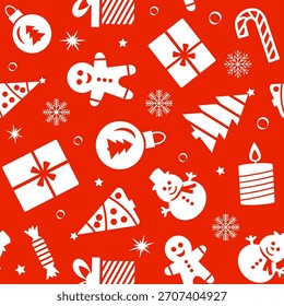 Seamless pattern featuring Christmas symbols on a vibrant red background.