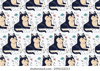 A seamless pattern featuring a chubby cat with a dark coat, sitting among playful doodles on a white background. Great for feline lovers, pet designs, and cute-themed products.