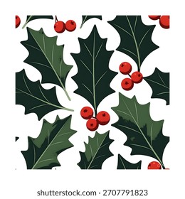 A seamless pattern featuring classic Christmas holly leaves in dark green with sharp points and clusters of bright red berries, creating a traditional holiday motif.