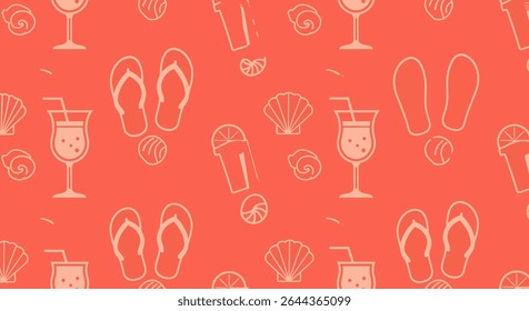 Padrão sem costura com coquetéis com palhas, chinelos, conchas marinhas e guloseimas em um fundo de coral.