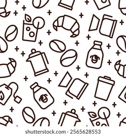 A seamless pattern featuring coffee-related icons like coffee beans, french press, drip coffee, tea bag, croissant, milk bottle, and drinks. Perfect for café-themed, decorative, and branding designs.