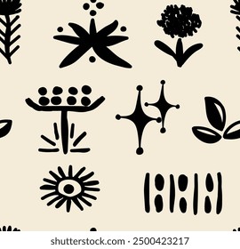 Seamless pattern featuring a collection of abstract botanical elements in a minimalist black and cream color palette. This design showcases various stylized flowers, leaves, and geometric shapes