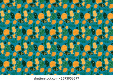 A seamless pattern featuring a collection of abstract, organic shapes in shades of teal, orange, and green.