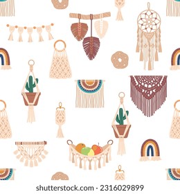 Seamless Pattern Featuring Collection Of Macrame Items. Tile Background With Delicate Knots And Intricate Designs