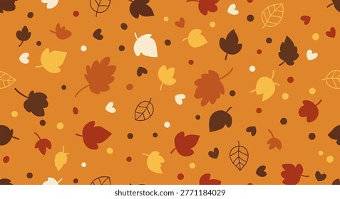 A seamless pattern featuring a collection of stylized autumn leaves and hearts scattered across an orange background.
