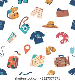 Seamless Pattern Featuring Collection Of Traveler Items Such As Suitcase, Passport, Camera, Map, And Clothes, Vector