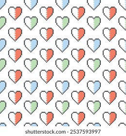 Seamless pattern featuring colored pixel hearts in pixel art style, perfect for Valentine's Day and celebrating love.