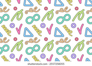 A seamless pattern featuring colorful abstract shapes, infinity symbols, triangles, and swirls on a white background.