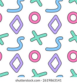 Seamless pattern featuring colorful abstract geometric doodle shapes, including rings, crosses, rhombuses , and curves on a white background. Perfect for nursery, wallpaper, wrapping or gift paper.