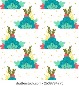 A seamless pattern featuring colorful abstract shapes resembling clusters of vegetables, with green leaves and red accents on a white background.